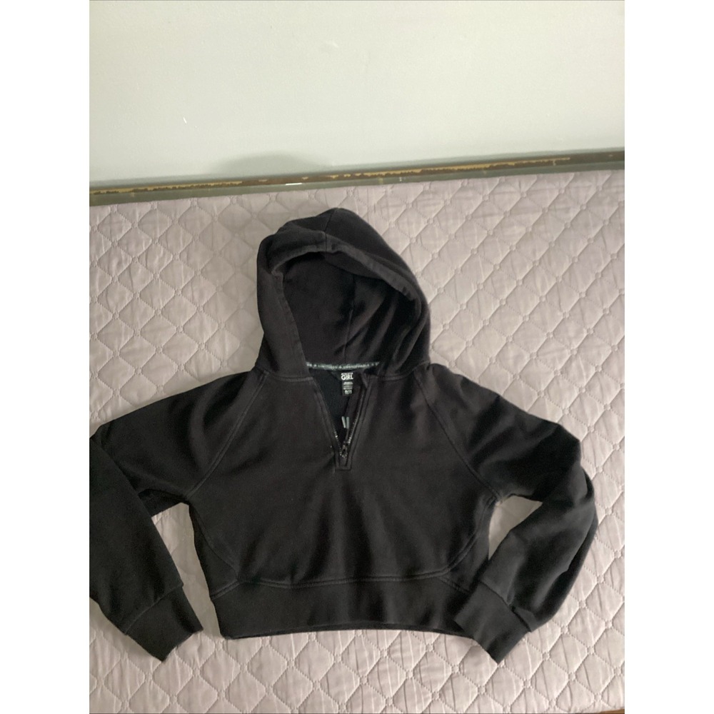Athleta Girl Black Quarter Zip Hoodie Cropped Sweatshirt‎ Fleece XL 14